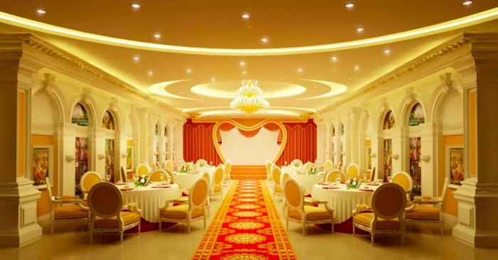 Đèn LED downlight có ánh sáng vàng được lắp đặt trong sảnh cưới để tạo hiệu quả thư giãn, sang trọng.
