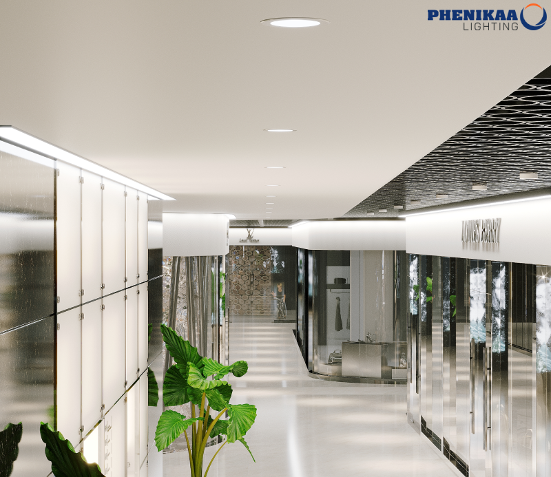 Đèn LED âm trần 9W 3 chế độ của Phenikaa Lighting được lắp đặt ở lối đi trung tâm thương mại cao cấp