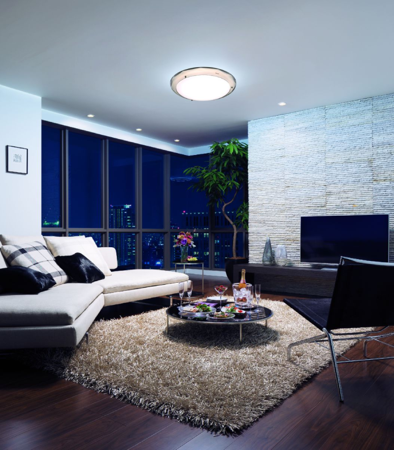 Đèn LED nổi trần vừa để chiếu sáng chính cho phòng khách đồng thời là điểm nhấn trang trí