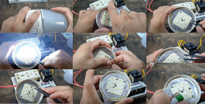 Cận cảnh quá trình loại bỏ chip hỏng và hàn lại mối nối cho bóng đèn LED