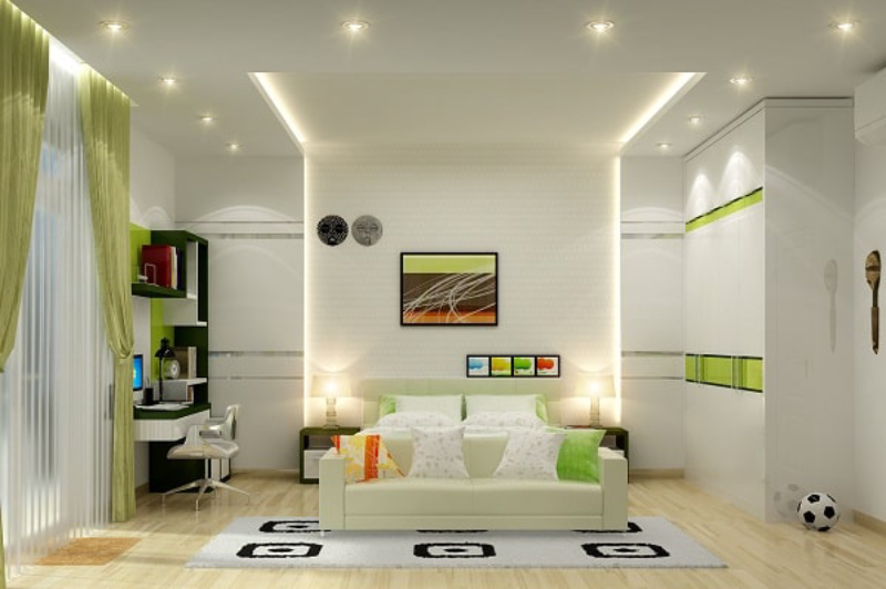 Sử dụng kết hợp đèn LED âm trần và đèn LED dây đem đến hiệu ứng màu sắc bắt mắt cho không gian phòng ngủ