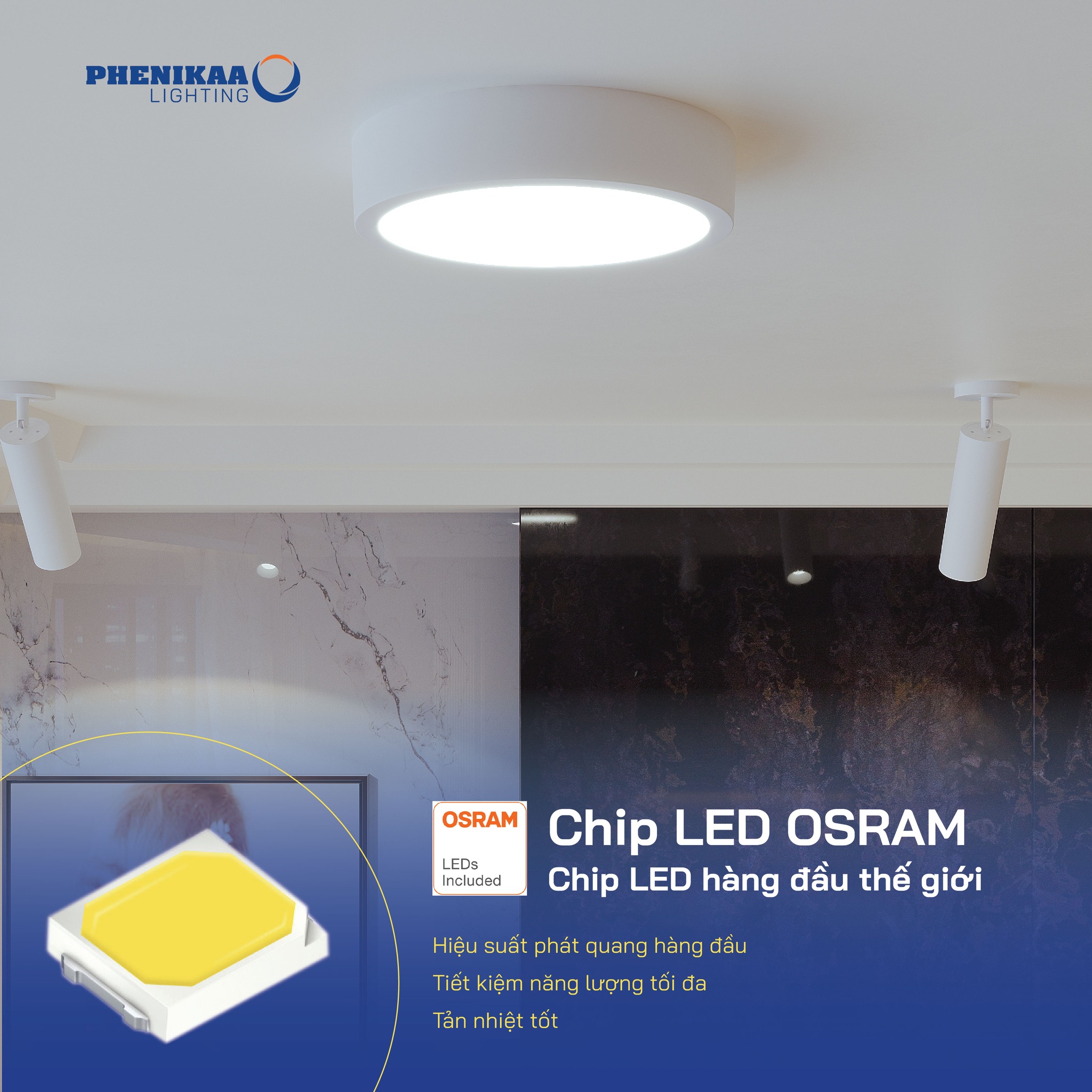 Đèn LED downlight nổi trần Phenikaa Lighting sử dụng chip LED Osram cho hiệu suất chiếu sáng cao