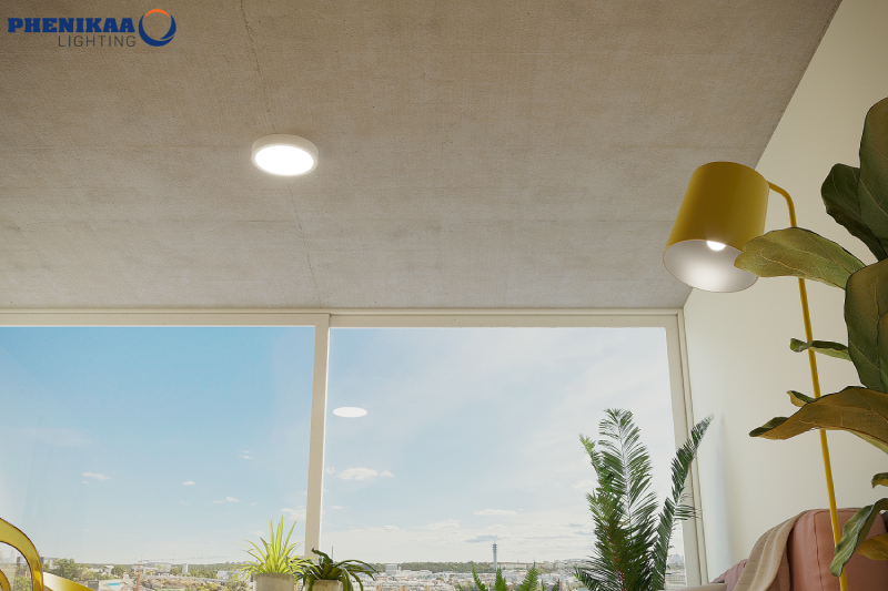 đèn led ốp trần phòng khách có diện tích nhỏ thì chỉ cần 1 bóng đèn LED ốp trần kết hợp với đèn LED bulb là vừa đủ để chiếu sáng