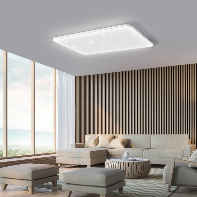 đèn led ốp trần phòng khách nên có kích thước vừa phải so với diện tích không gian mang tới sự hài hòa về thị giác