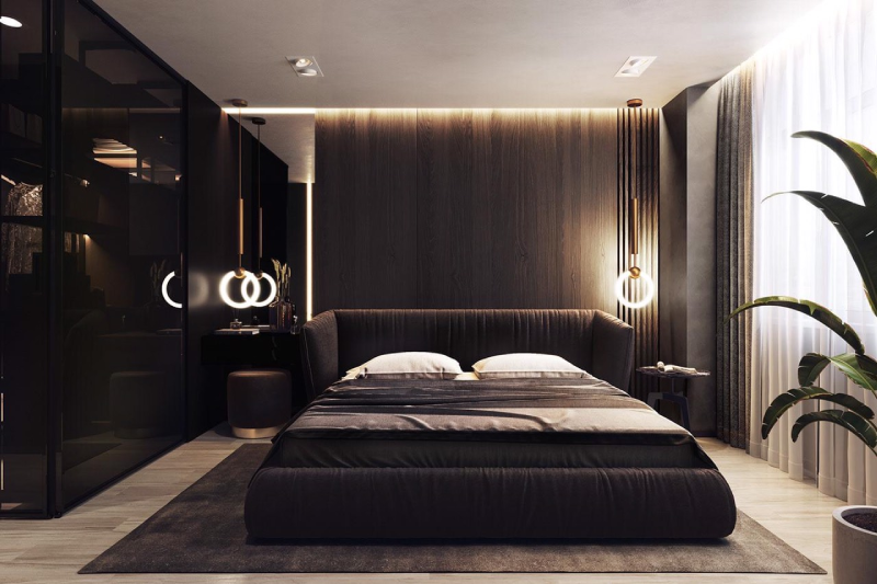 Đèn thả gắn tường lắp hai bên đầu giường tạo nên điểm nhấn trang trí ấn tượng cho phòng ngủ