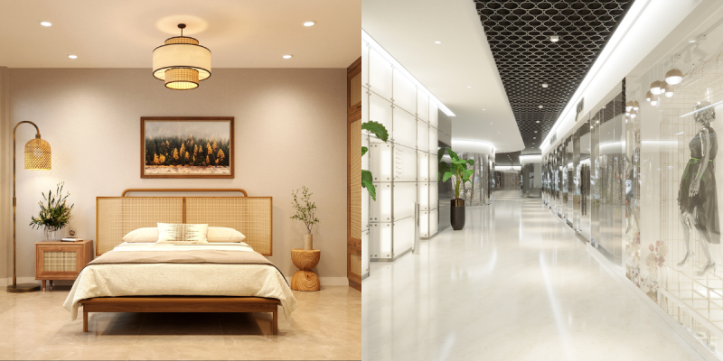 Khoảng cách giữa các đèn âm trần tại phòng ngủ và trung tâm thương mại có nhiều sự khác biệt về mức công suất đèn.