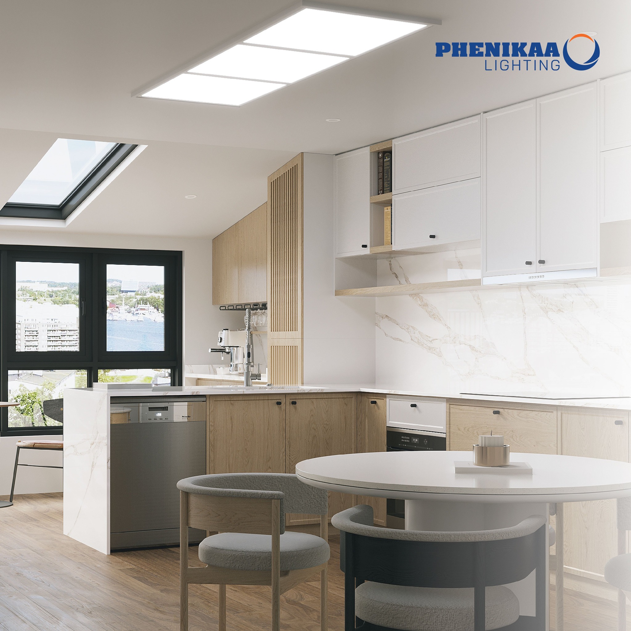 Không gian nhà bếp được chiếu sáng tối đa và tối ưu về diện tích không gian với đèn LED panel