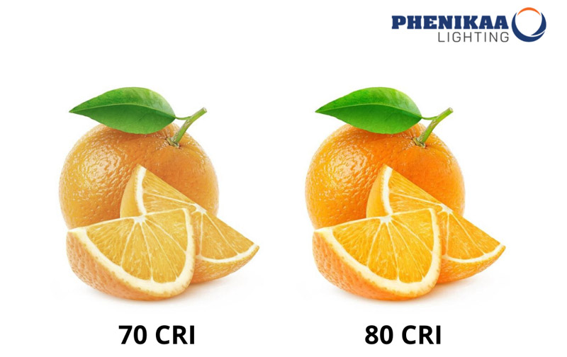 Hình ảnh minh họa màu sắc không giống nhau của cùng một quả cam ở dưới 2 loại bóng đèn có CRI 70 và 80 