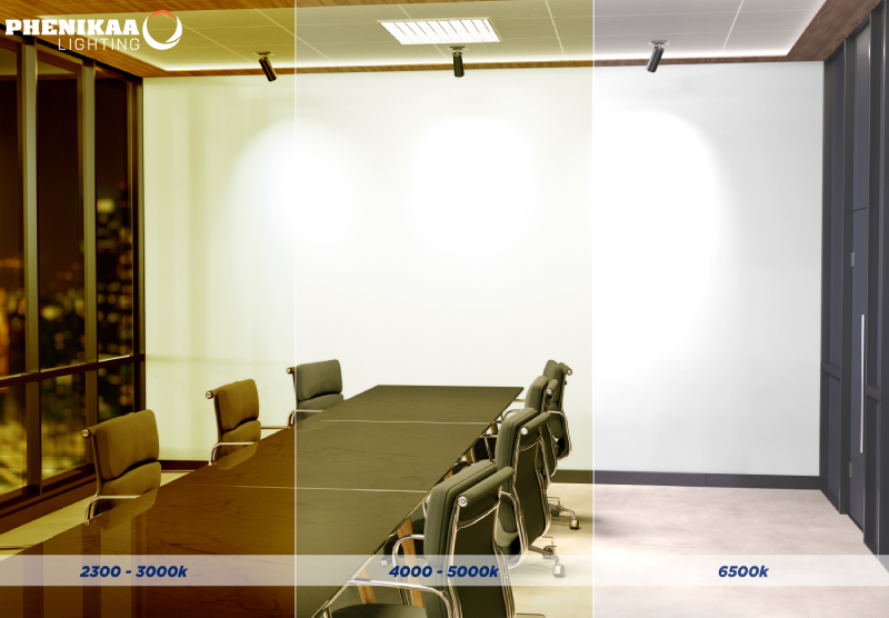 Bóng đèn đổi màu ánh sáng trắng - trung tính - vàng trong phòng họp vừa giúp tập trung làm việc và thư giãn trong giờ giải lao.