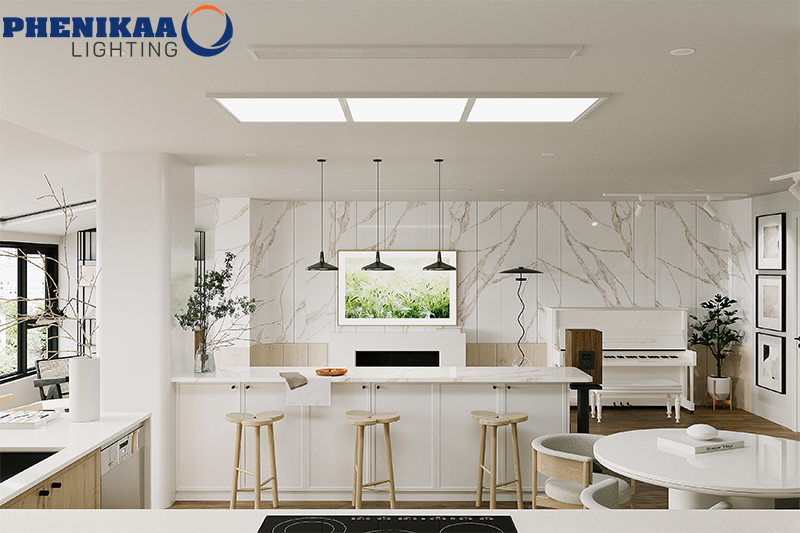 Thiết kế đèn LED Panel âm trần tạo cảm giác hài hòa, hiện đại cho không gian phòng bếp. 