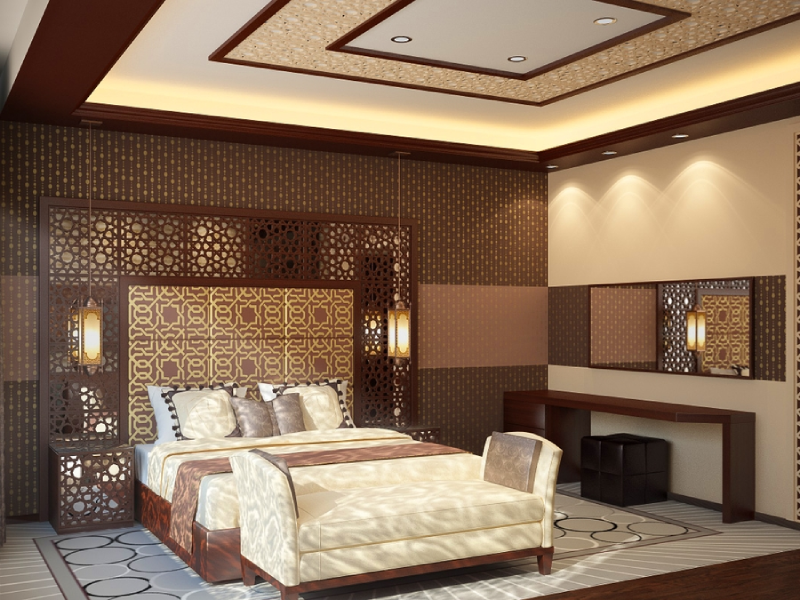 Phòng ngủ phong cách cổ trang Trung Quốc với ánh đèn vàng ấm kết hợp nội thất đỏ đặc biệt