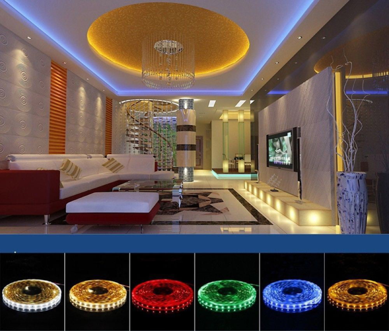 Đèn LED dây được lắp ở phần trần để tạo ánh đèn hắt tạo điểm nhấn cho không gian phòng khách